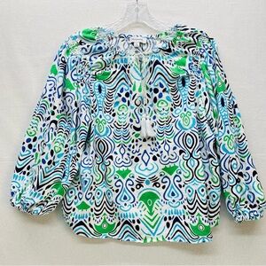 Calligraphie Womens Linen Blend Large Blouse Top Pullover Tie Neckline Bohemian